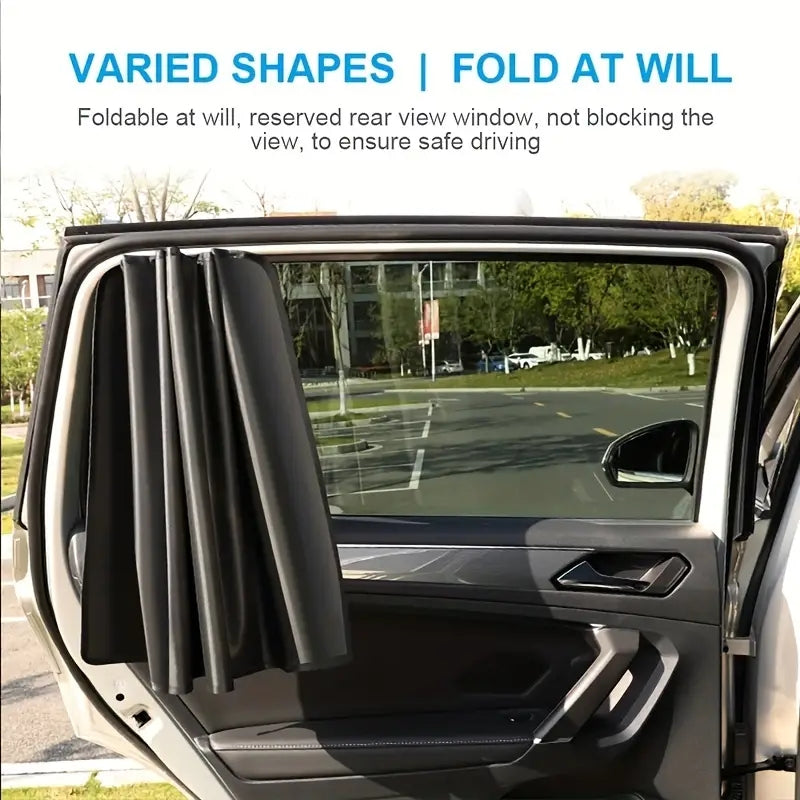 Magnetic Titanium Silver Cloth Curtains Car Sunshade. Stay Cool, Protect Car Interior and Passengers from Sunlight and UV!