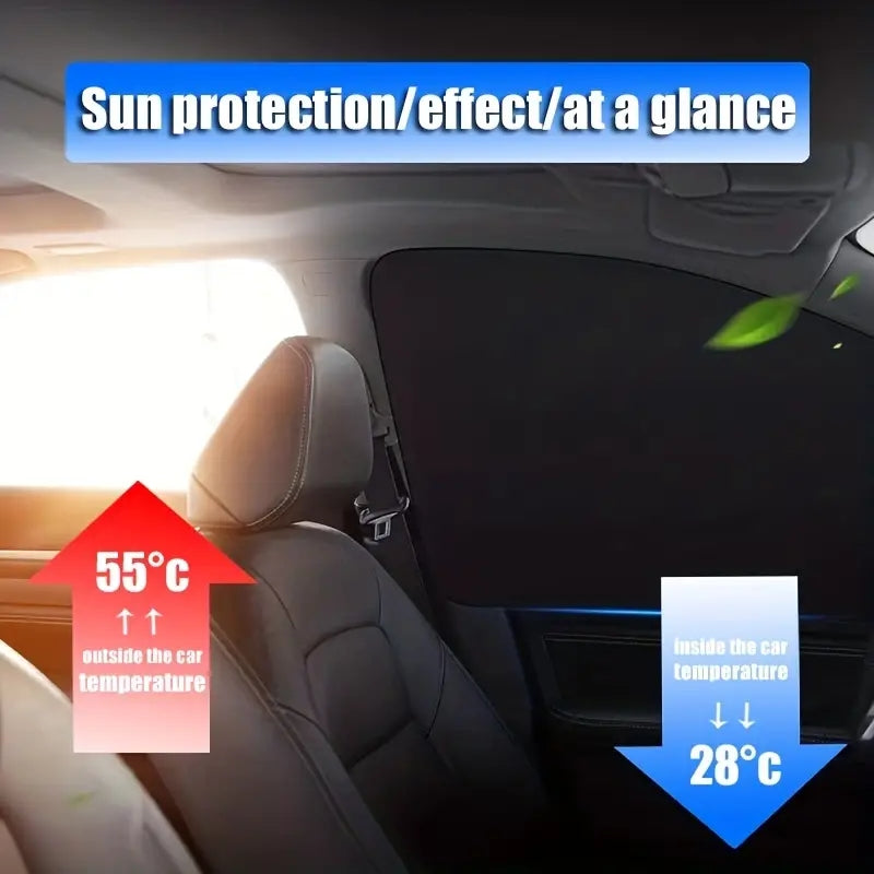 Magnetic Titanium Silver Cloth Curtains Car Sunshade. Stay Cool, Protect Car Interior and Passengers from Sunlight and UV!