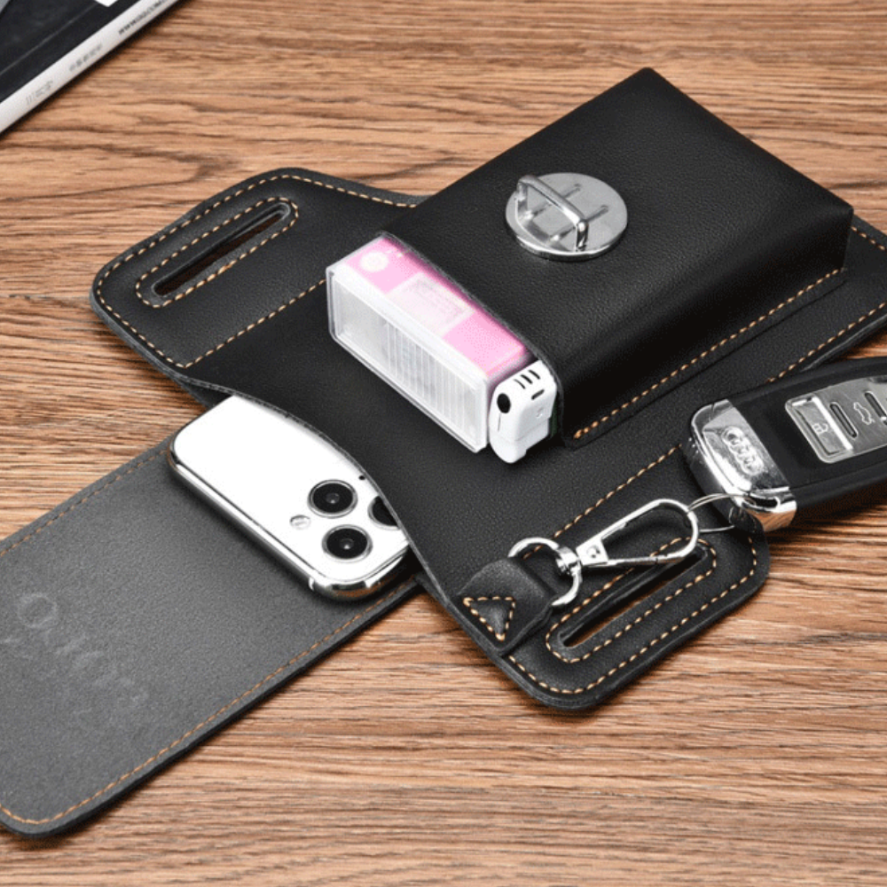 Compact men's leather waist bag black concealed anti-theft
