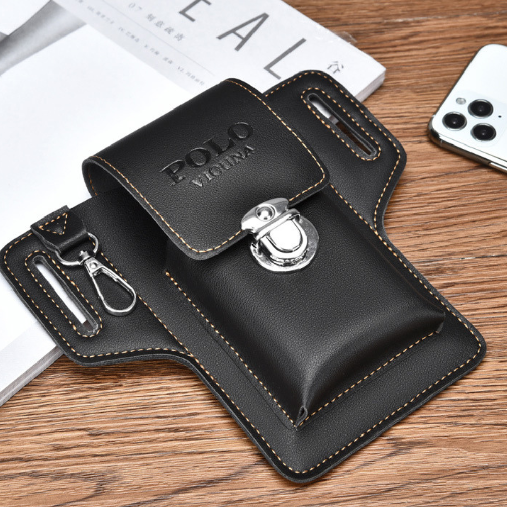 Compact men's leather waist bag black concealed anti-theft